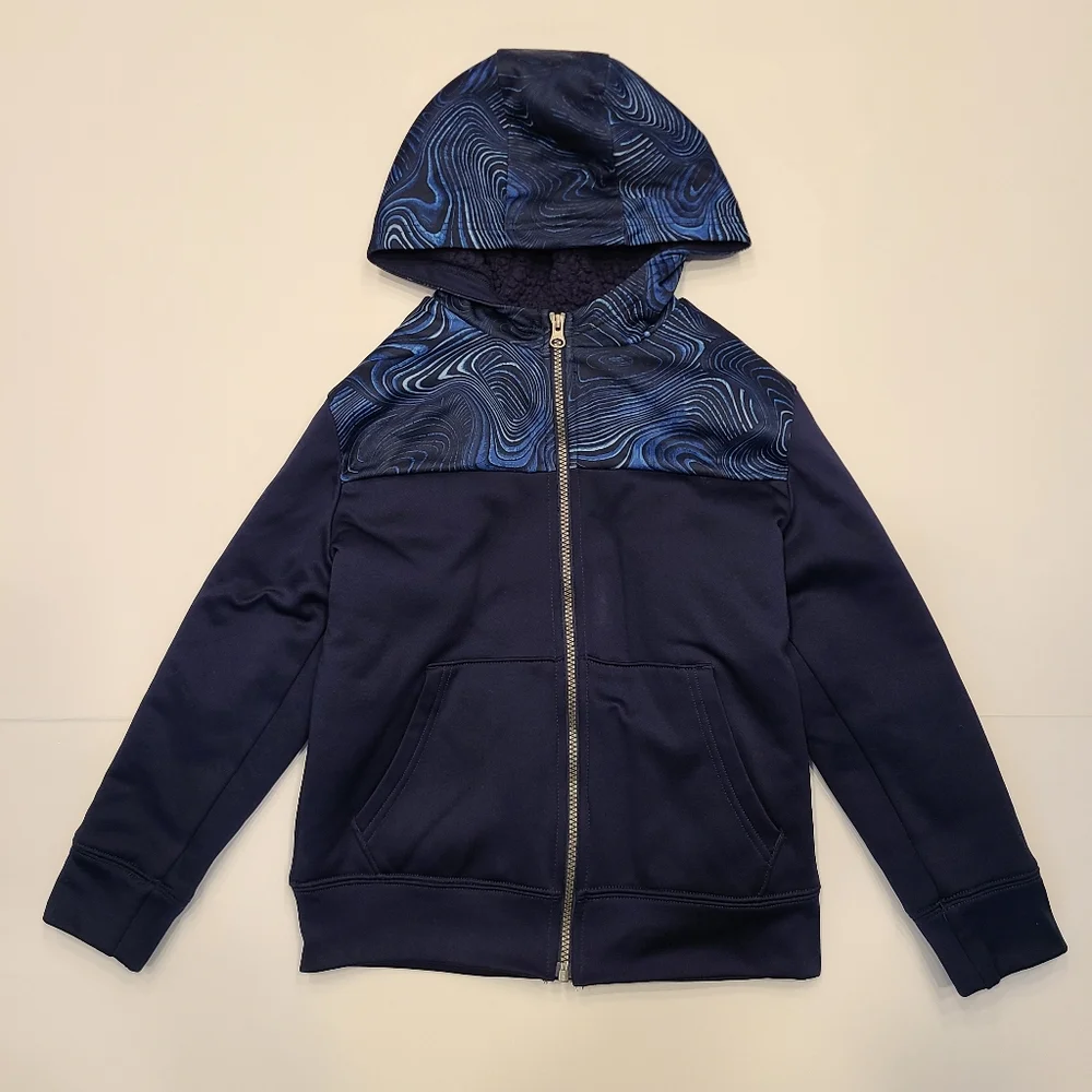 Children's Place Sherpa Lined Performance Full Zip Hoodie Navy Blue Print 7 8